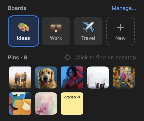 Pinboard's menu bar panel: board tiles for Ideas, Work and Travel, and thumbnails of the active board's pins