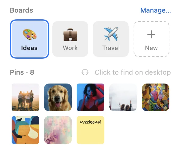 Pinboard's menu bar panel: board tiles for Ideas, Work and Travel, and thumbnails of the active board's pins