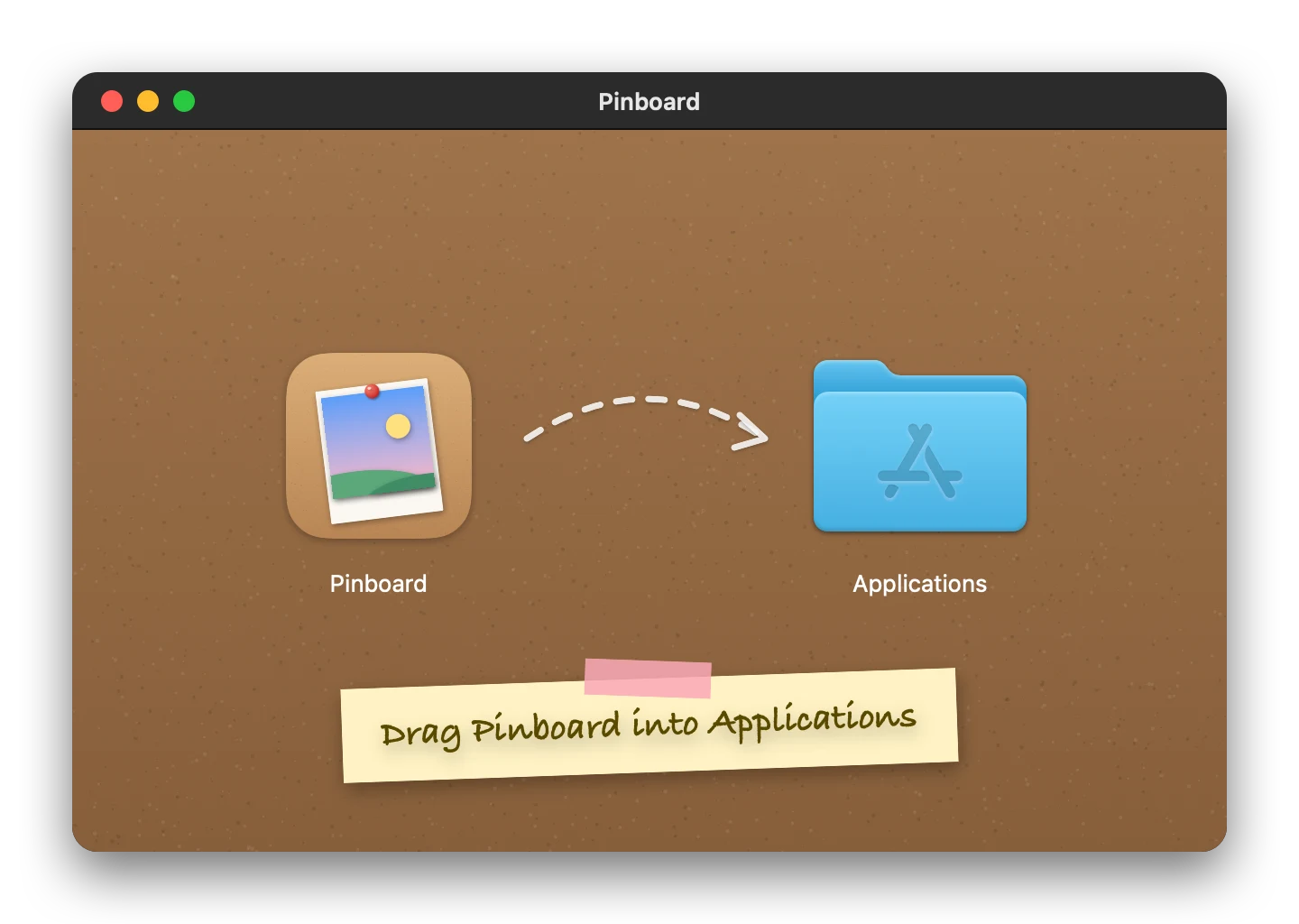 The Pinboard.dmg window: the Pinboard app on the left, an arrow, and the Applications folder on the right