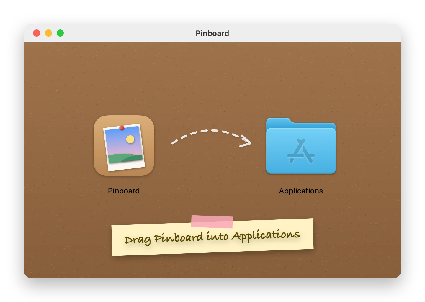 The Pinboard.dmg window: the Pinboard app on the left, an arrow, and the Applications folder on the right