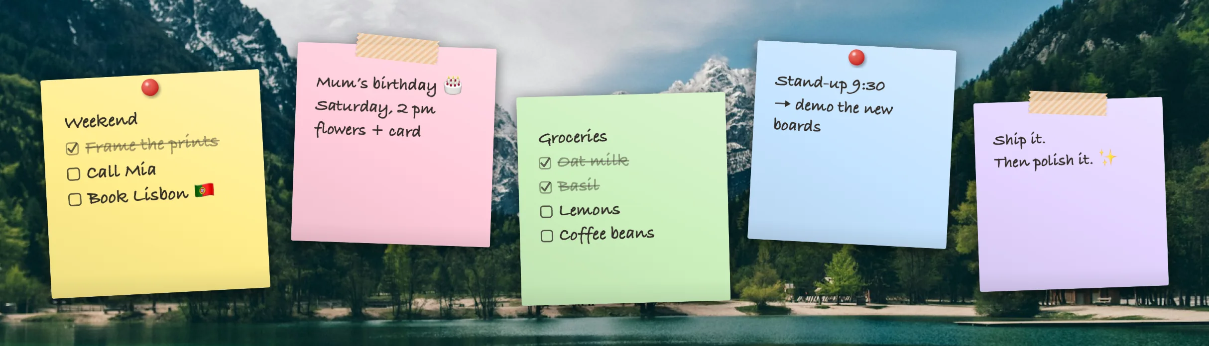 Five sticky notes in yellow, pink, green, blue and lilac, two with checklists where some items are ticked off and crossed out